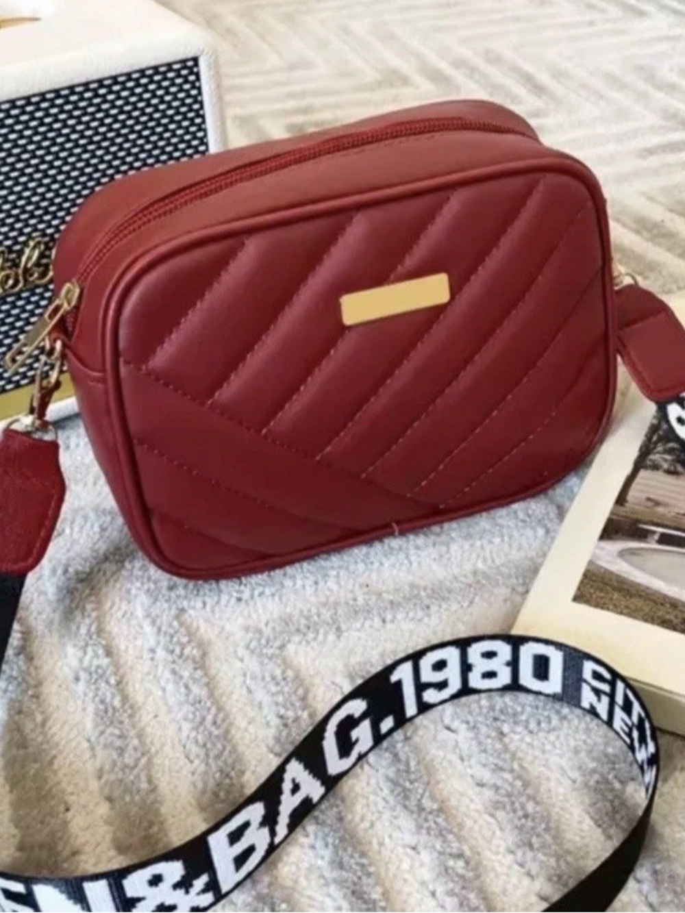 Quilted Crossbody Camera Bag in Burgundy - Women Bags